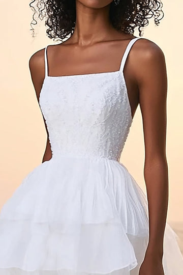 White Lace A Line Tiered Graduation Dress